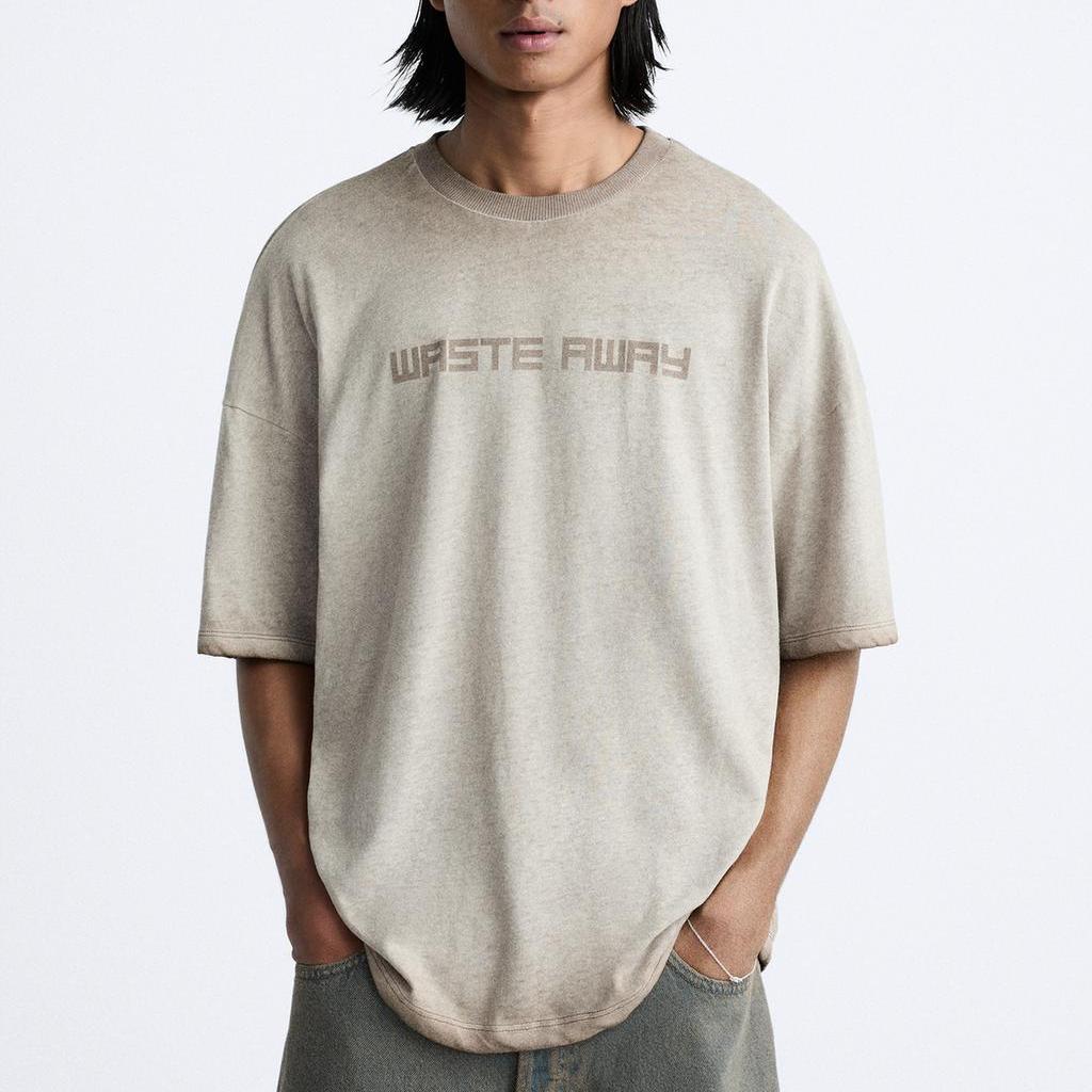 Zara Letter Print Casual Round Neck Short Sleeve T-Shirt Men Tops Light-Brown 3665408-730