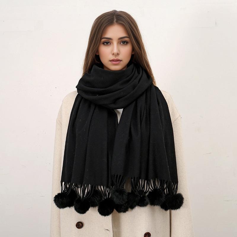 Hot-selling New Solid-color Hairball Imitation Cashmere Scarf In Autumn and Winter, Versatile Fashionable Velvet Thickened Fringed Warm Scarf