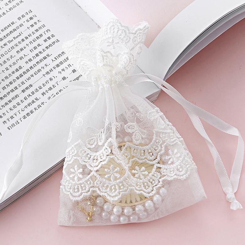New 10X14CM Five Petal Flower White Lace Yarn Bag Folded Bottom Jewelry Drawstring Bag Creative Gift Slub Yarn Drawstring Pocket