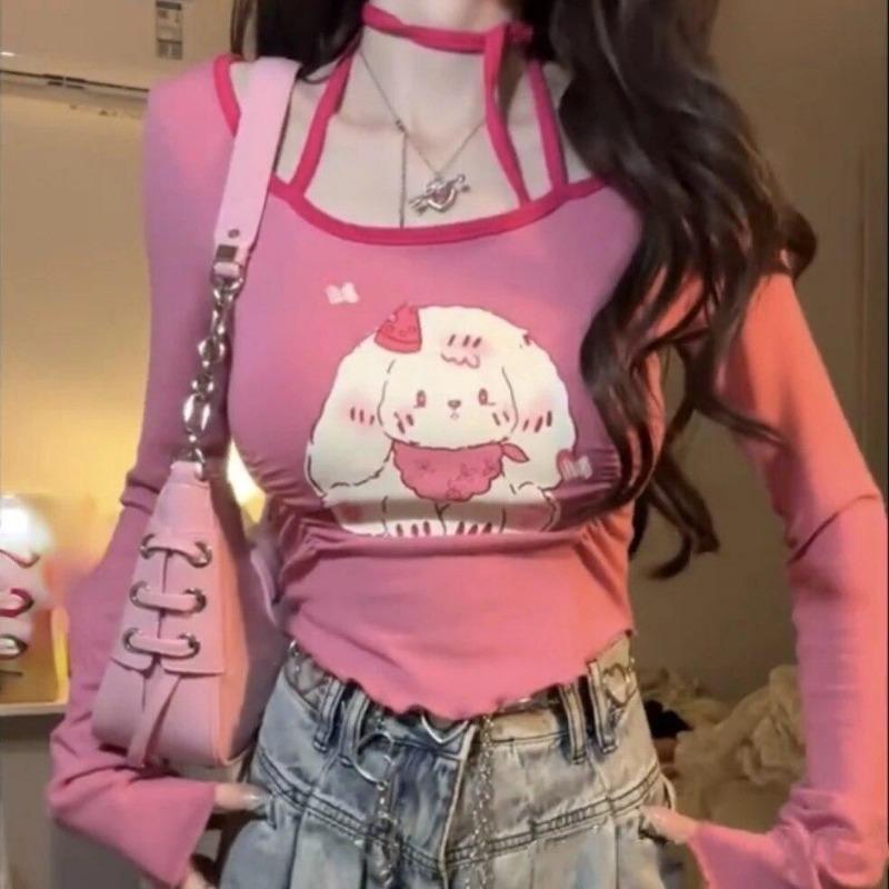2KWEIRD Sweet Cartoon Print Pleated T-shirt Y2k Aesthetic Asymmetry Fairy Grunge Tshirt Vintage Patchwork Halter Top Harajuku Streetwear