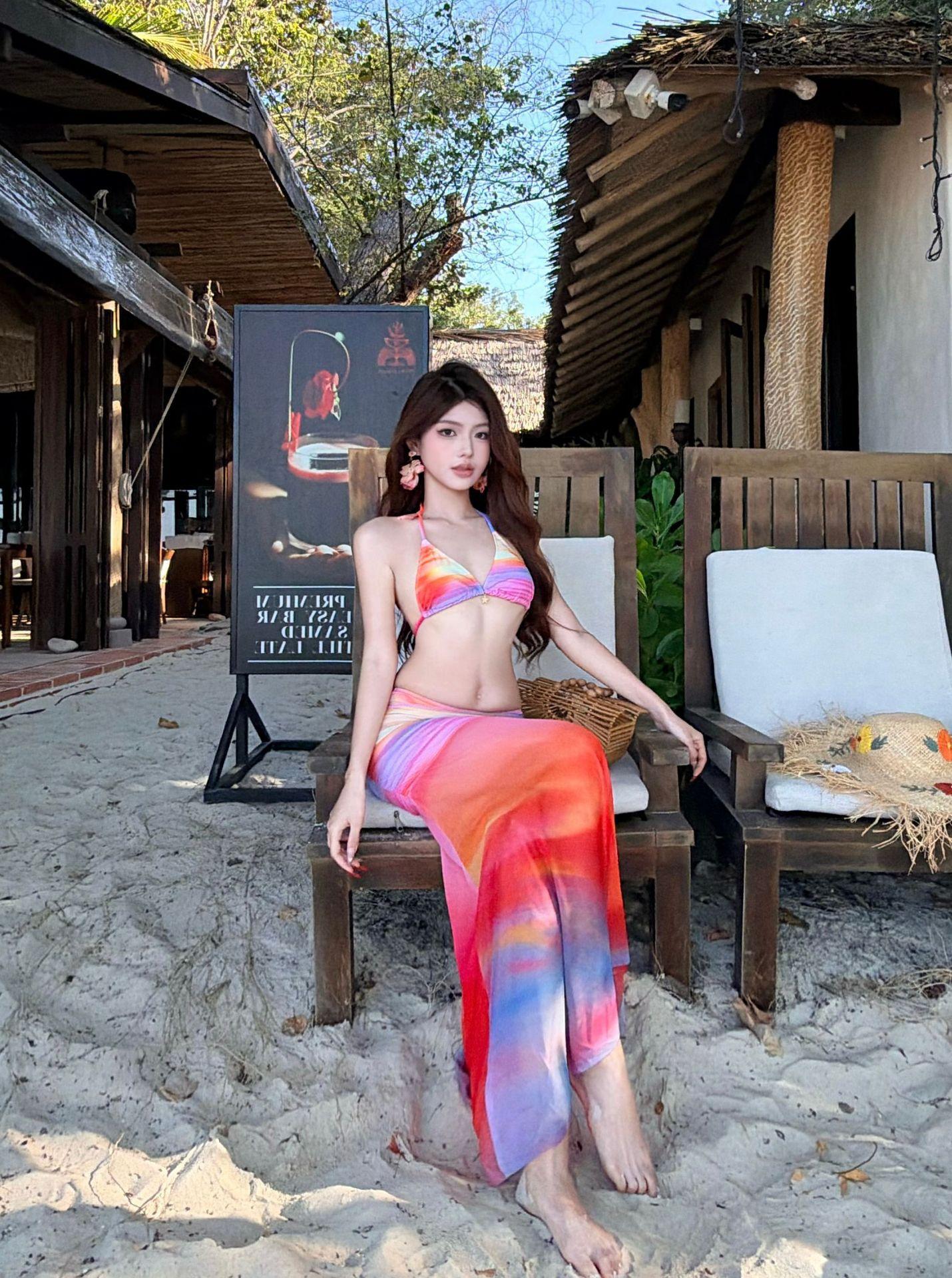 

Sunset bikini mesh dress three-piece swimsuit island vacation suit sexy hot spring M80-98