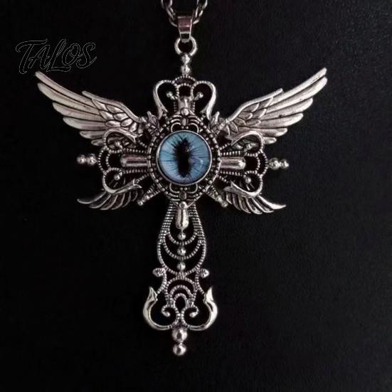 Personalized Dark Style Accessory Devil Eye Pendant Necklace, Gothic Winged Religious Charm Detailed Metal Engraving Statement Vintage Punk