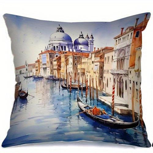 Short Plush Material Pillowcasehome Decor Venice Canal Watercolor Boat Pillow Covers Pattern Cushion Cover Suitable For Sofa Bed