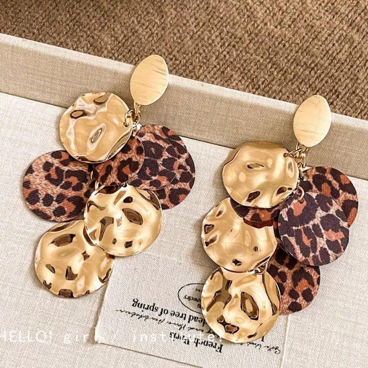 Retro leopard print leather fringed earrings stud earrings temperament personality Maillard style earrings