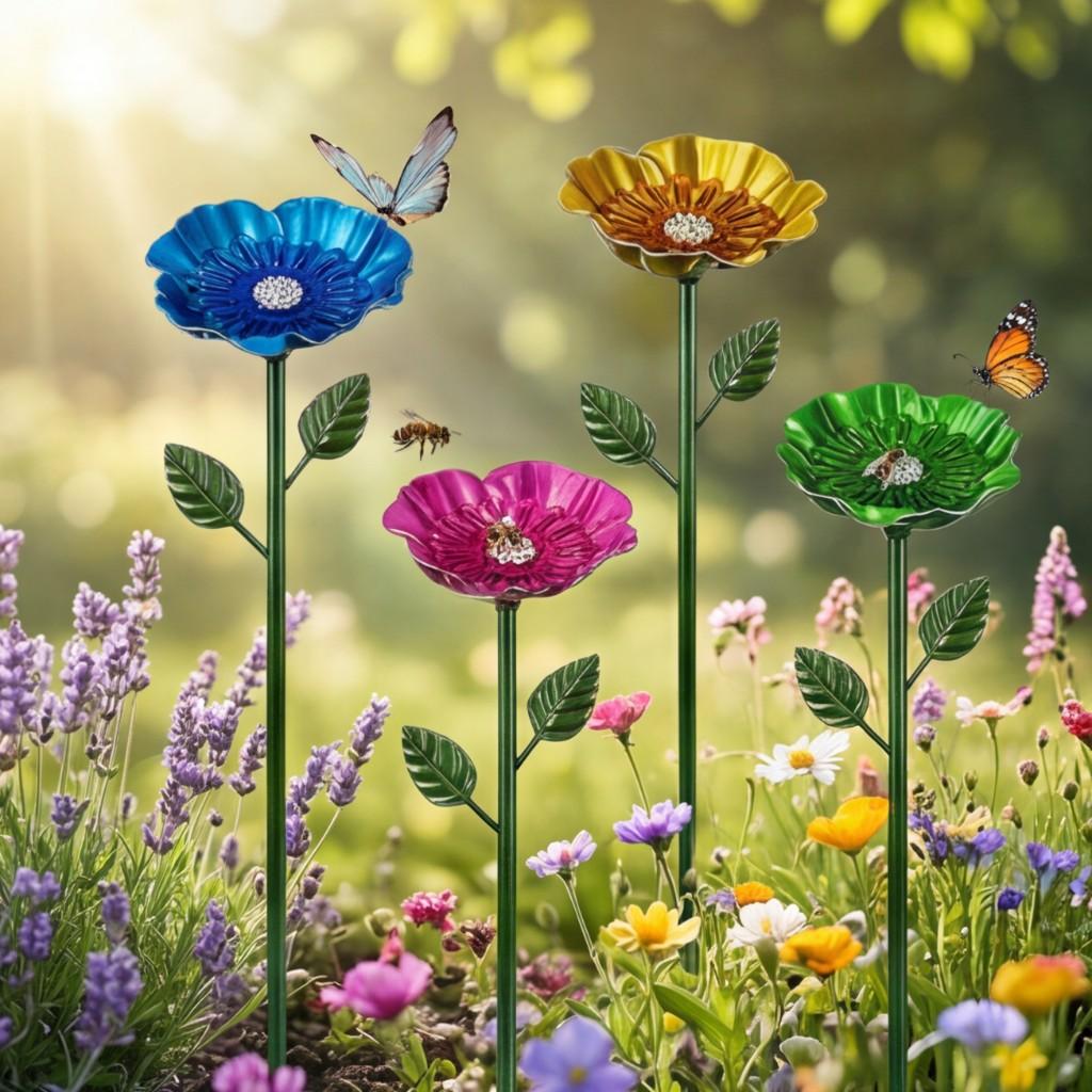 Bienentränke: 4er-Pack Eisen-Bienenfutterspender mit verstellbarem Stab - Rostfeste Bestäuber-Tasse für Garten Außenbereich Terrassen-Dekoration Blau Rot Grün Gelb