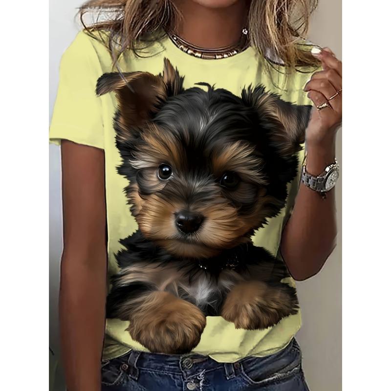 Damenbekleidung T-Shirt 3D Tier Hund Print Urlaub Rundhals lässig vielseitig bequem Pullover kurzärmelig Sommer Top