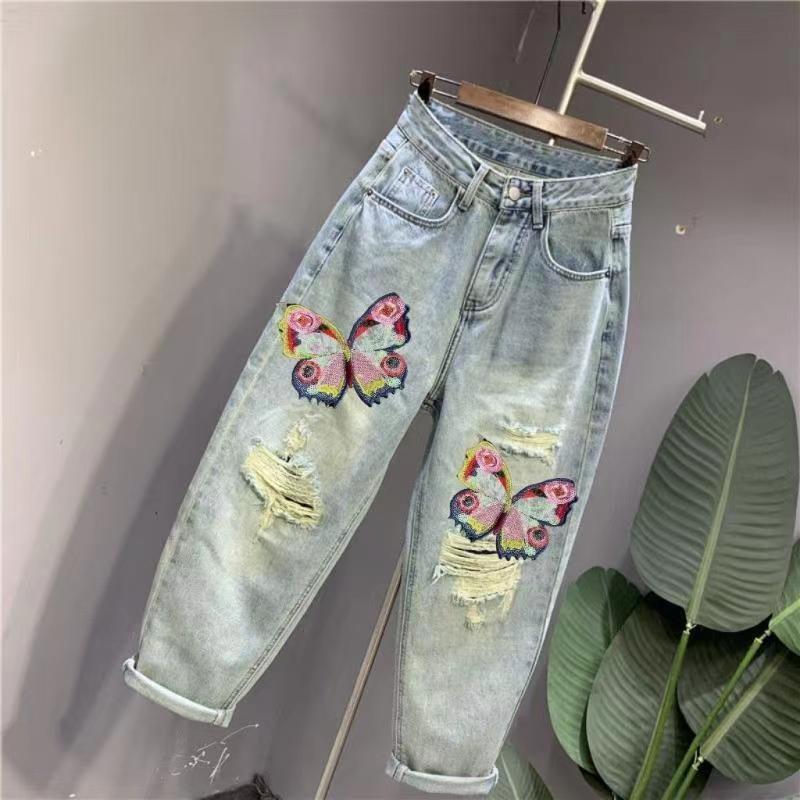 Women's Trendy 2025 Embroidered Ripped Harem Jeans - High Waist, Slimming, Loose Fit, Cropped Summer Pants