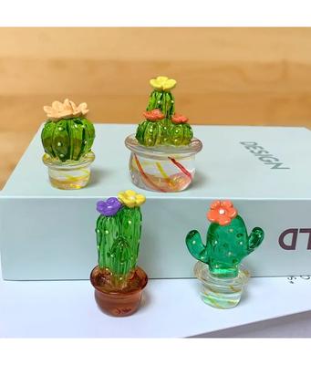 4PC Artesanal Vidro Cacto Estatuetas Ornamentos Mini Bonsai Decoração Bonito Miniatura Desktop Artesanato Adorno Criativo Decoração Para Casa Presente