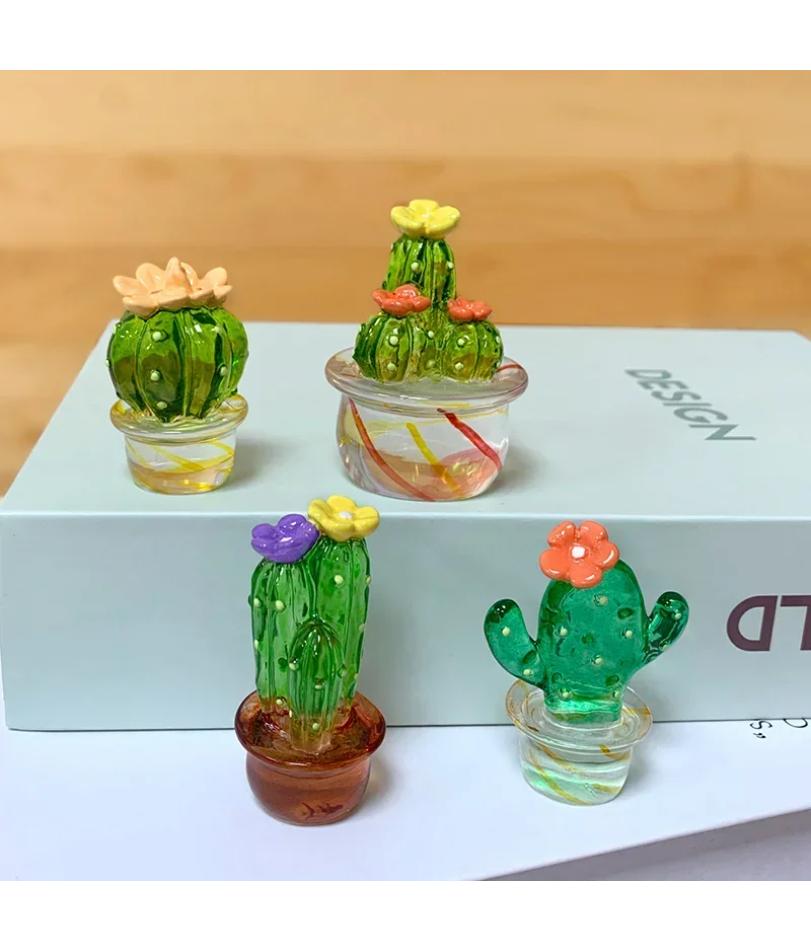 4PC Handmade Glass Cactus Figurines Ornaments Mini Bonsai Decor Cute Miniature Desktop Craft Adornment Creative Home Decor Gift