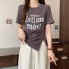 Korean Basic Letter Printed Pullovers Women's Clothing Fashion Folds Irregular Summer Short Sleeve Casual Asymmetrical  T-shirt