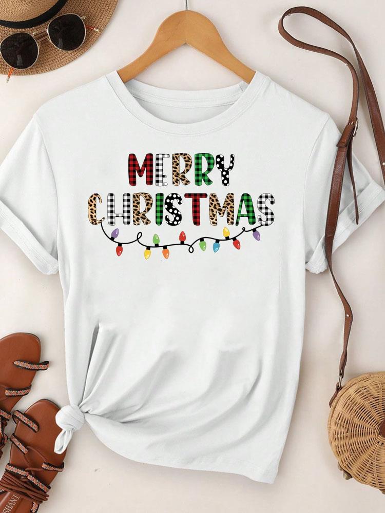 (Asian Size)  Merry Christmas Tee Top Festival New Year Holiday Casual Lovely Letter Cute 90s Women Print Lady Short Sleeve Fashion Graphic T-shirts