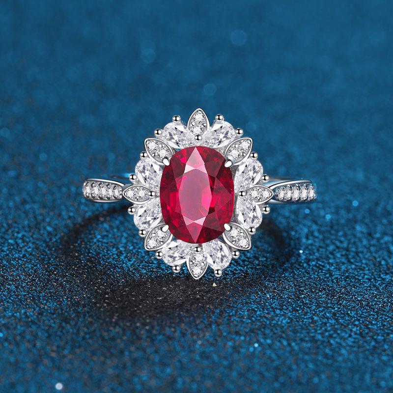 Women's 3.5 Carat Egg-shaped Ring: S925 Sterling Silver with Simulated Pigeon Blood Red, Green, and Nano Blue Stones and Full Diamond Accents.