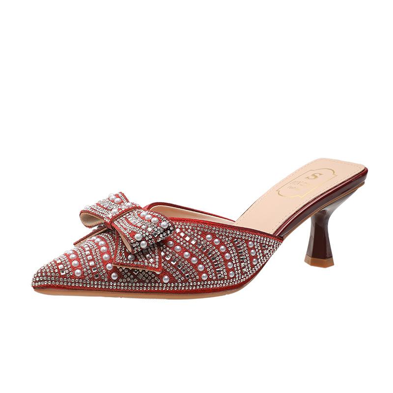 Celebrity pearl bag head half slippers women's summer wear sandals one pedal bow high-heeled slippers