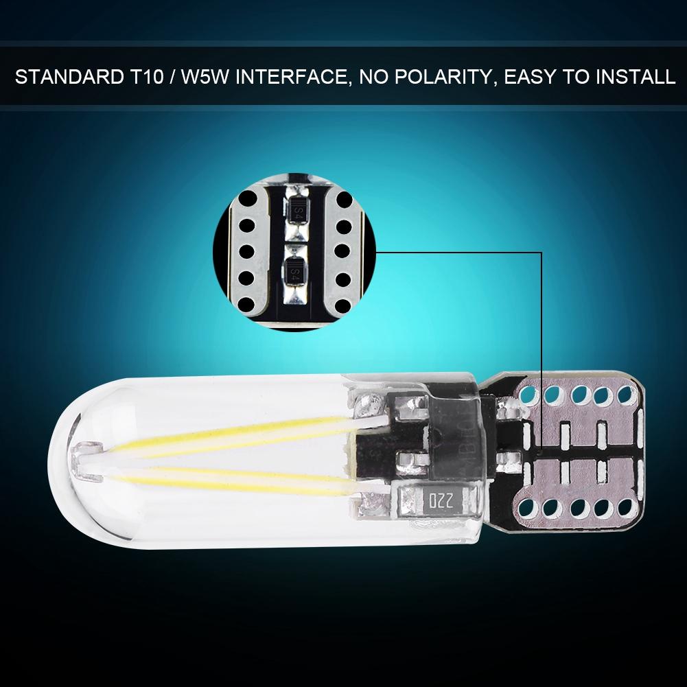 10st 12V W5W T10 194 Glas COB Filament LED Bil Läsning DRL Bagage LED-lampa Vitt Ljus