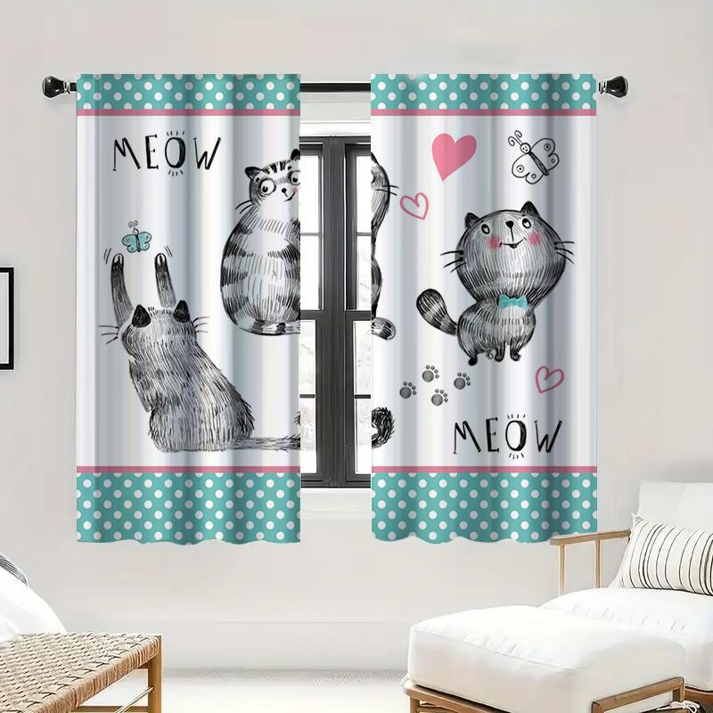 2Pc Cute Cat Curtains With Meow Print, Teal Polka Dot Borders,Whimsical Drapes For Kids Room,Nursery,Living Room & Bedroom Decor