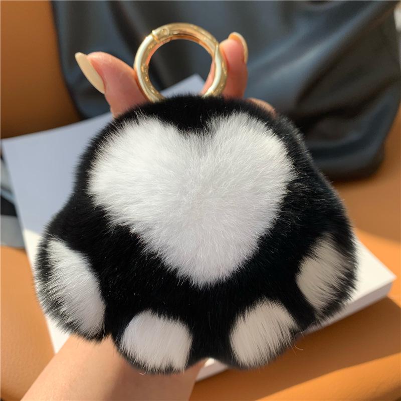 Kitten Paw Rex Rabbit Fur Keyring Pendant - Cute Plush Ball Bag Charm Birthday Gift