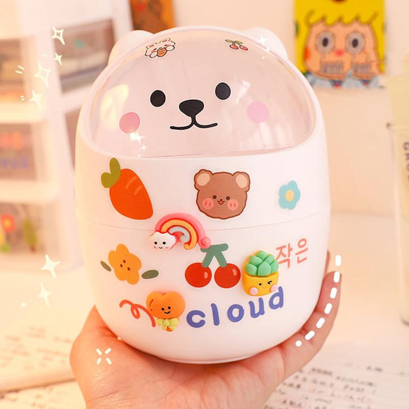 Niedlicher Kreativer Heim-Desktop mit Deckel Mülleimer Klein Mini Kawaii Schlafzimmer Schreibtisch Aufbewahrungsbox Stifthalter Gib einen Aufkleber