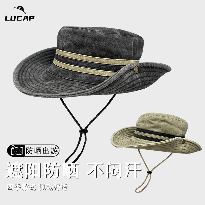 Western Denim Drawstring Bucket Hat Retro Summer Sun Protection Travel Versatile Female Tide Mountaineering Camping Sun Hat Male
