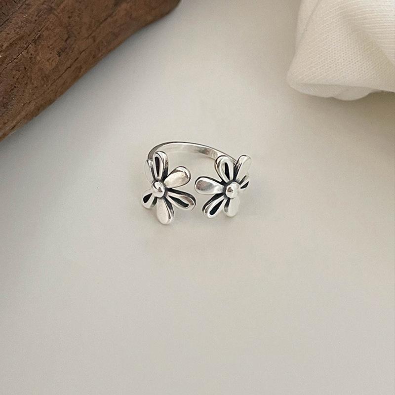 S925 Sterling Silver Adjustable Flower Ring - Retro Fashion Niche Design for Women