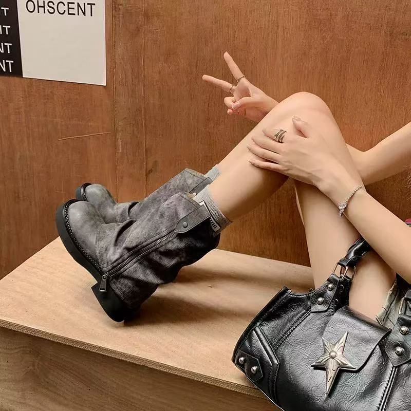 Cowhide~ Cowhide Thick-soled Chelsea Boots Women's New Sweet and Cool Side Zipper Round Head Pleated Pile Boots Western Cowboy