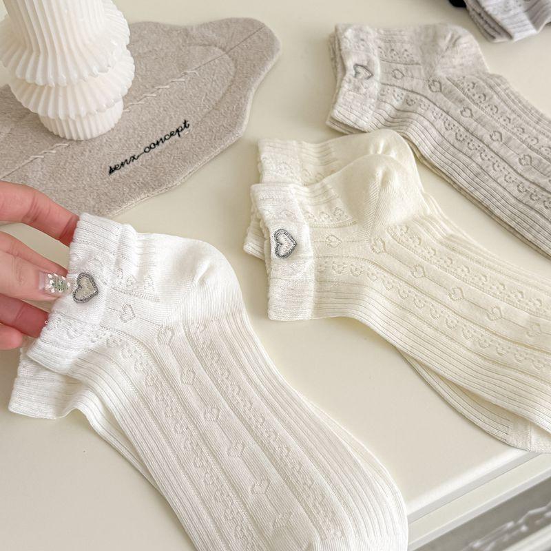 Sock Set - Spring/Summer - Heart Embroidery - Versatile - Stretch-Free - Solid Color - Mesh - Breathable - Short Tube - Boat Shoes - Cotton