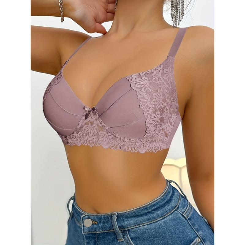 Black Floral Lace Push Up Bra Underwire Contour Bra with Bow Accent for Everyday Wear
