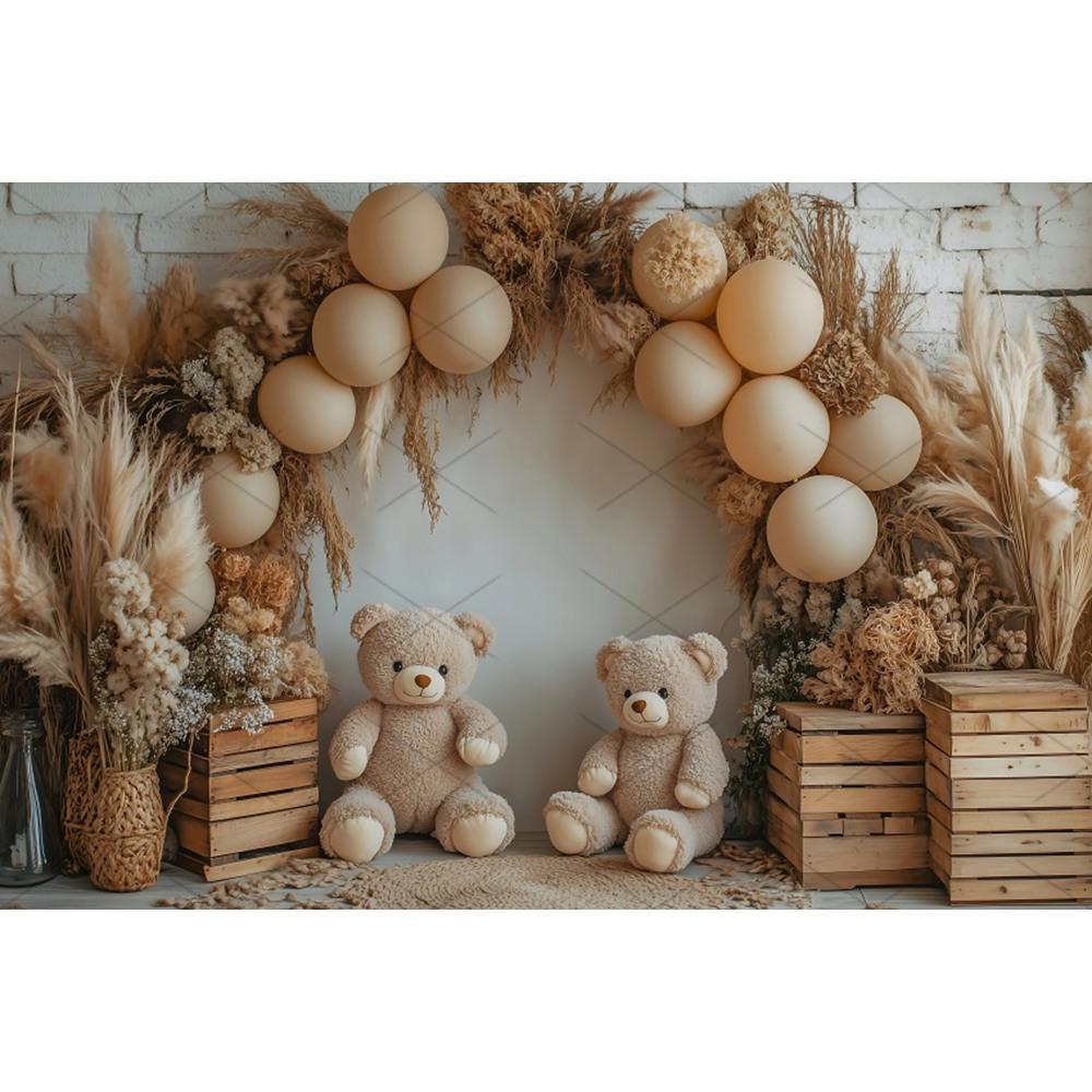 Boho Pampas Teddy Bear Photography Background Balloons Arch Tent Decor Cake Smash Baby 1st Birthday Indoor Photocall Backdrops