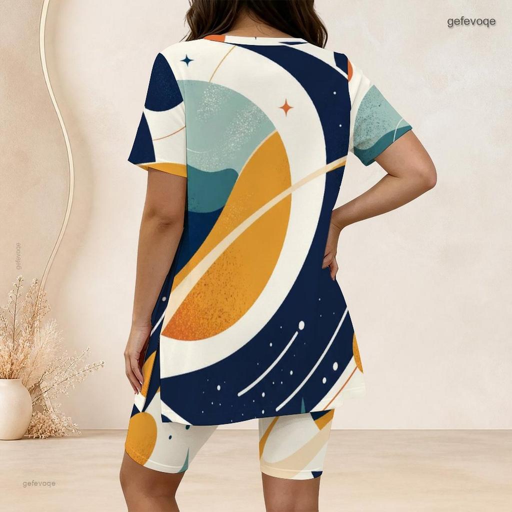 Women Plus Size Two Piece Set Wine Glass Floral Art Print Round Neck Short Sleeve Split Top Knee Length Pants