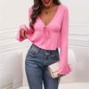 Women's Summer Commuter Elegant V-Neck Knit Tie Long Sleeve Top