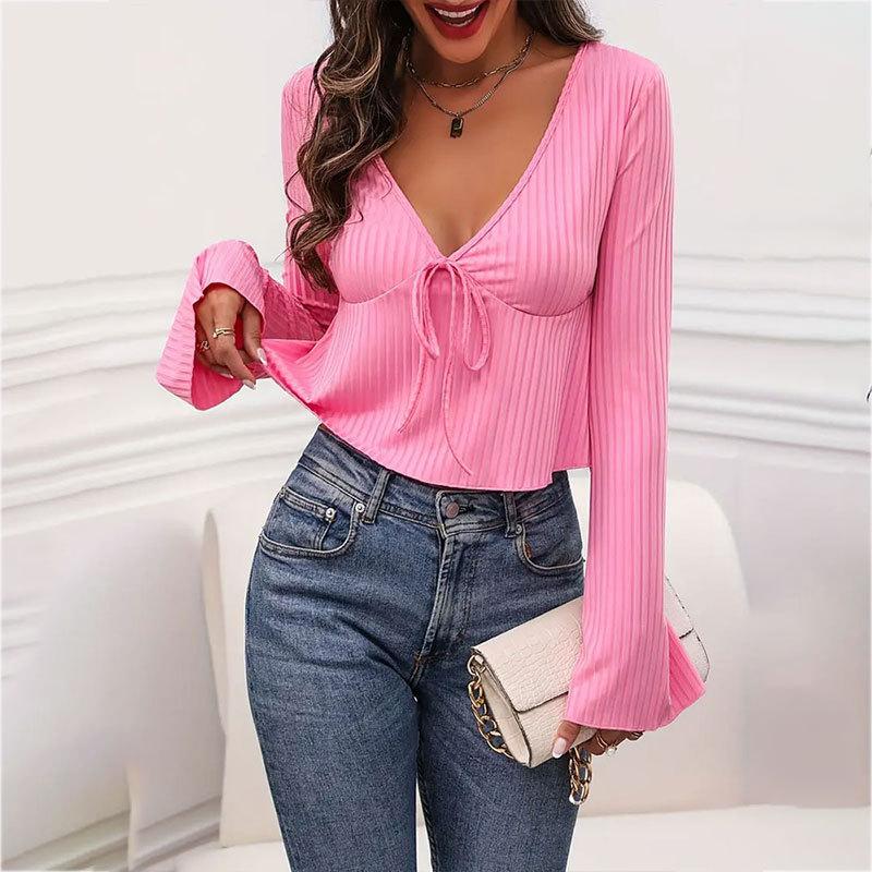 Women's Summer Commuter Elegant V-Neck Knit Tie Long Sleeve Top