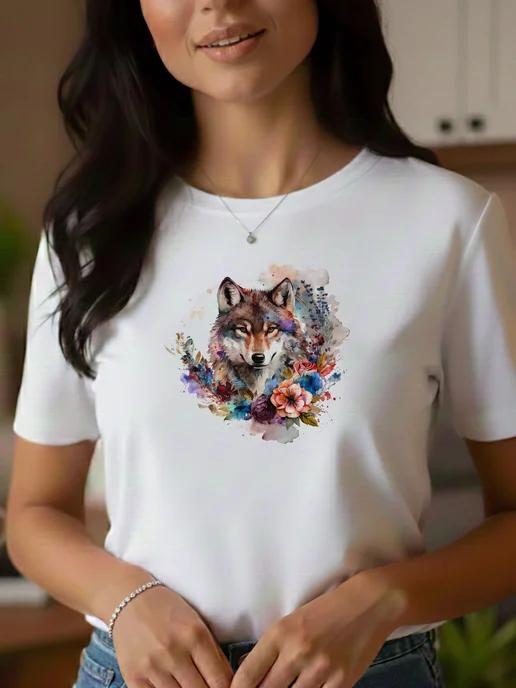 T-shirt with a watercolor-style wolf print 4XL