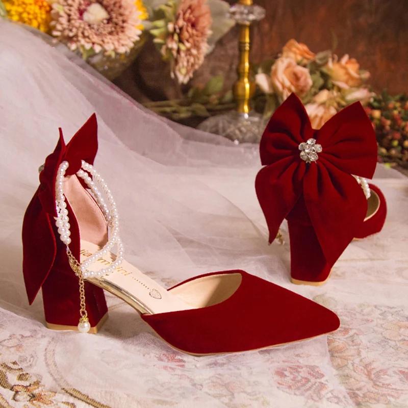 Jolis Escarpins à Talons Épais pour Femmes avec Grand Nœud Papillon Tendance Daim Rouge Perles Boucle Talons Hauts Chaussures pour Robe de Mariée pour Dames Femmes 34-40