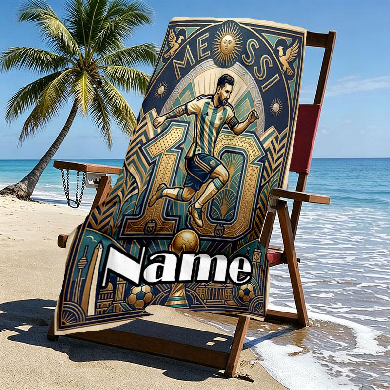 Serviette de plage personnalisée avec nom, impression Leo Messi, pour voyage, camping, fête à la plage, décoration intérieure, cadeau d'anniversaire pour la famille et les amis