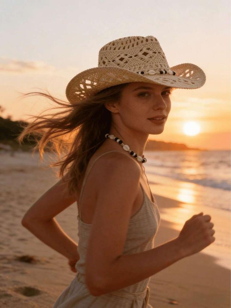 Boho Shell Hollow Out Straw Sun Hat Western Cowgirl Beach Hat For Vacation Photo Shoot