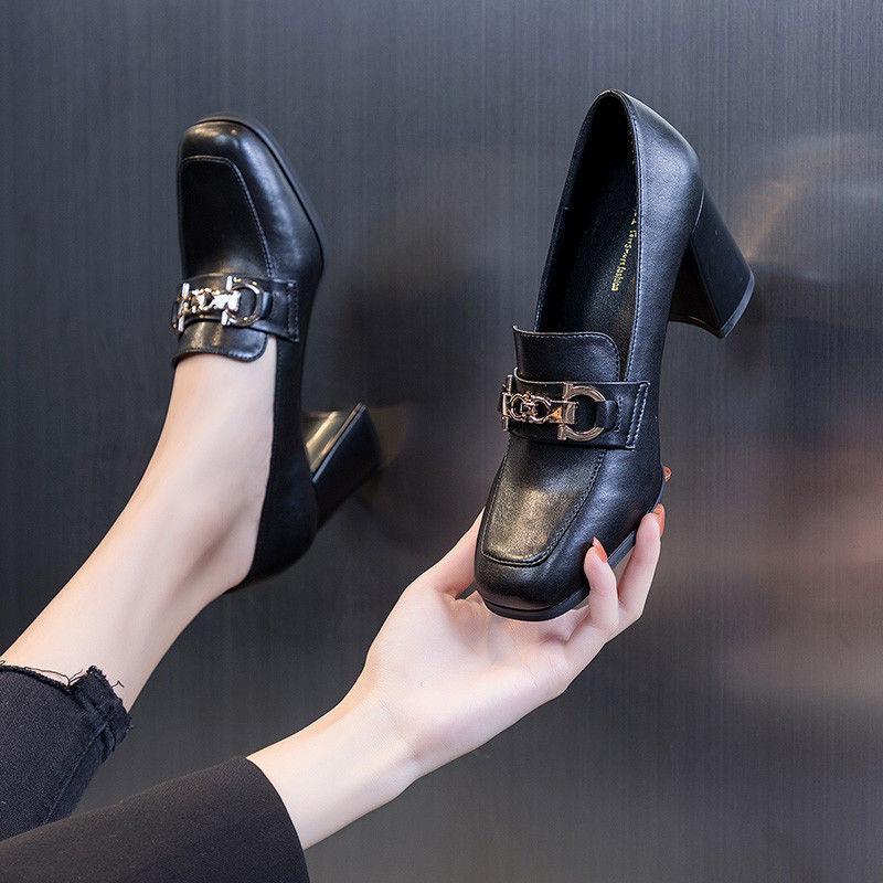 FHC New Soft Women Pumps,High Heels,Loafers Shallow Shoes,Square Toe,Slip On,British Style,Black,Beige,Dropship