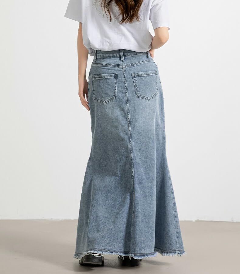 DAYCLOSET Long Denim Mermaid Fringed skirt007 Light Women's Skirt, Lightweight, High-Waisted, Hem, Spring, Summer, Fall, (XL, Blue)