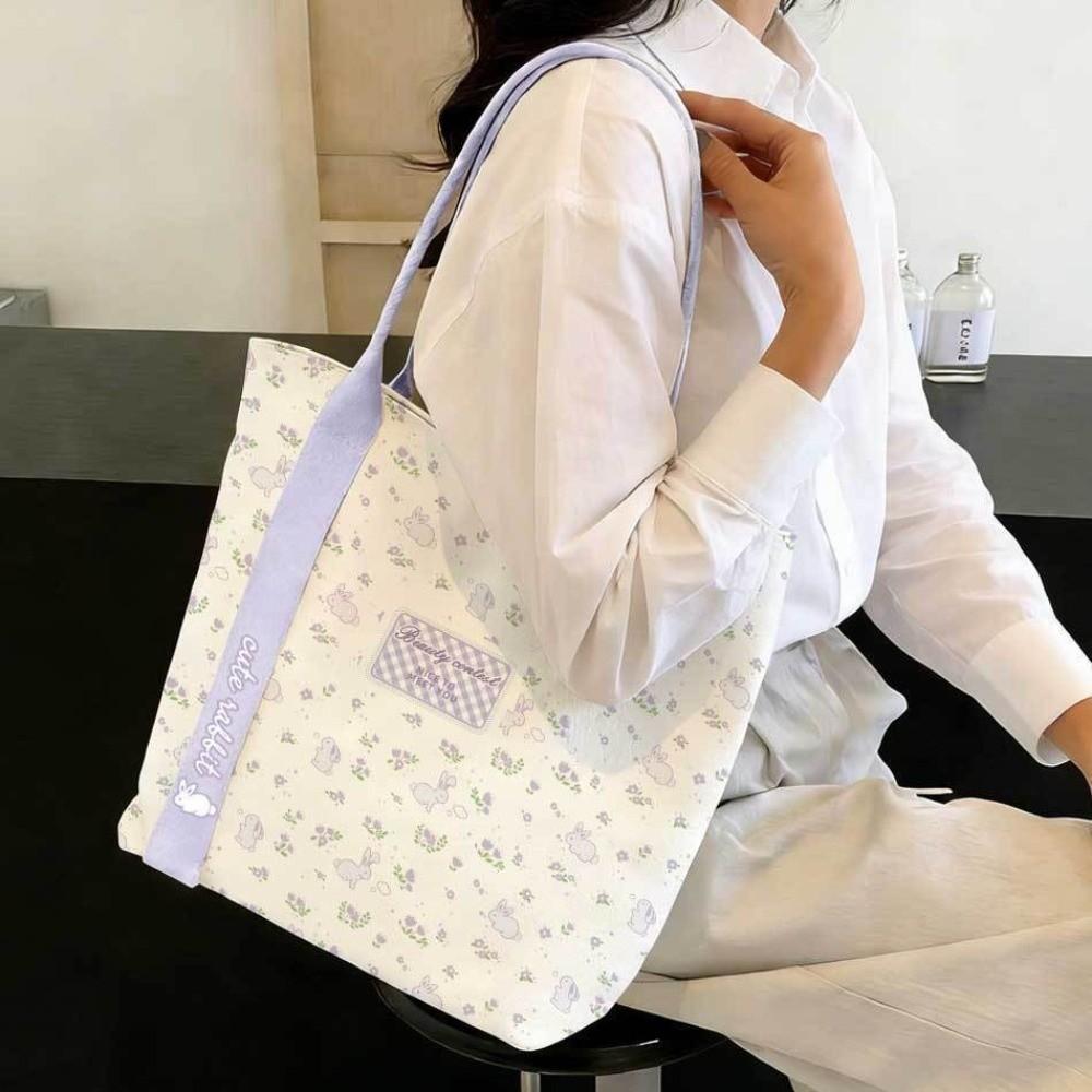 New Rabbit Canvas Bag Cartoon Large Capacity Tote Bag Versatile Floral Shoulder Bag Student
