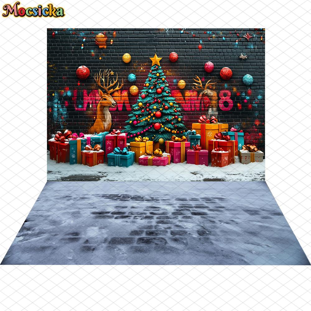 Mocsicka Christmas Background Photography Happy New Year Party Xmas Tree Graffiti Wall Decoration Child Photo Backdrop Wallpaper