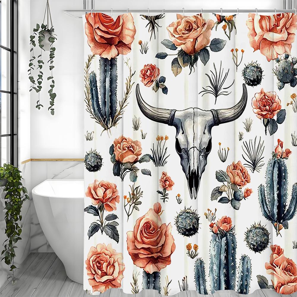 Cow Head Cactus Flower Shower Curtain, Bathroom Decorative Shower Curtain, Waterproof Shower Curtain with Hooks