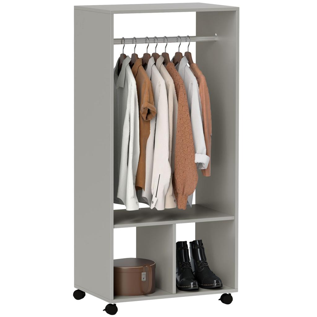 Wardrobe with Shelves, 2 Hanging Niches, 4 Swivel Casters, 60 x 40 x 128 cm, Grey