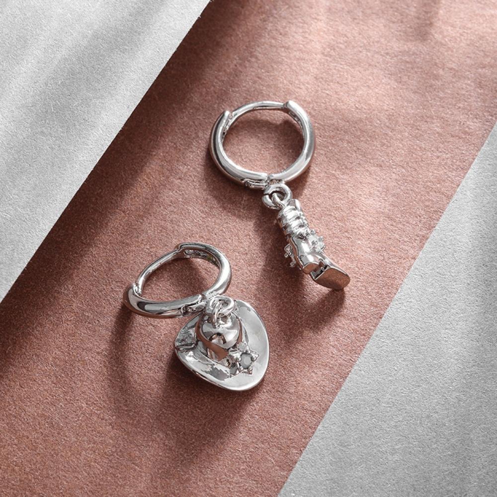 New Golden Silvery Asymmetric Zircon Cowboy Boots Hat Pendant Earrings Unique Fashion Versatile Hip Hop Jewelry Gift Wholesale