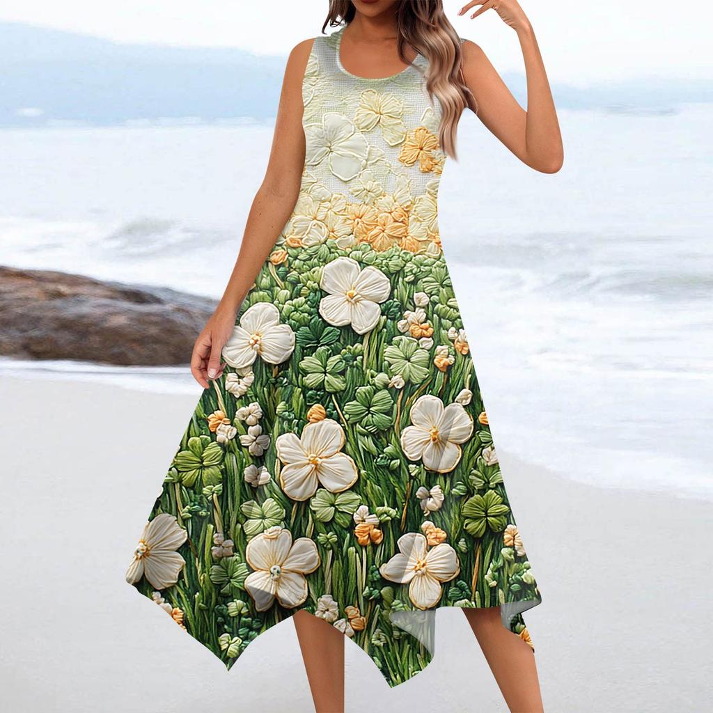 Lässiges, modisches Damen-Midikleid mit Rundhalsausschnitt, ärmellos, Blumendruck, unregelmäßiger Saum