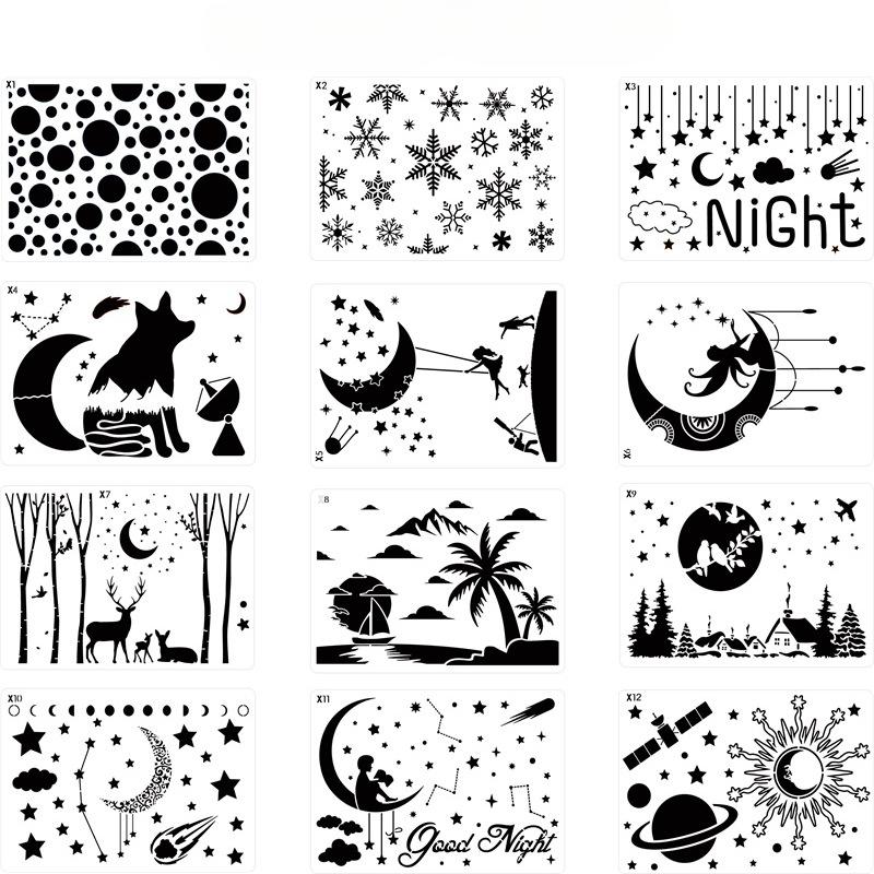 12pcs, Creative, Romantic Starry Sky, Hollowed Out Painting Template, DIY Decoration, Wall Painting, Spray Painting, Imitation Board, Graffiti Rubbing