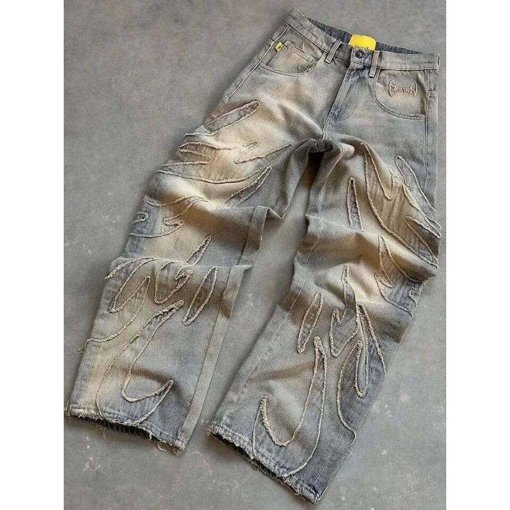 STREETRICH American New Fashion Patch Baggy Casual Jeans for Men and Women Y2K High Street Harajuku High Waist Wide Leg Denim Trousers