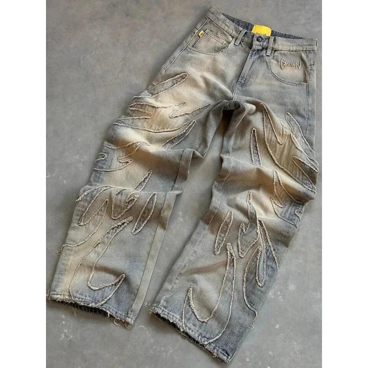 VibeStreet American New Fashion Patch Baggy Casual Jeans for Men and Women Y2K High Street Harajuku High Waist Wide Leg Denim Trousers S