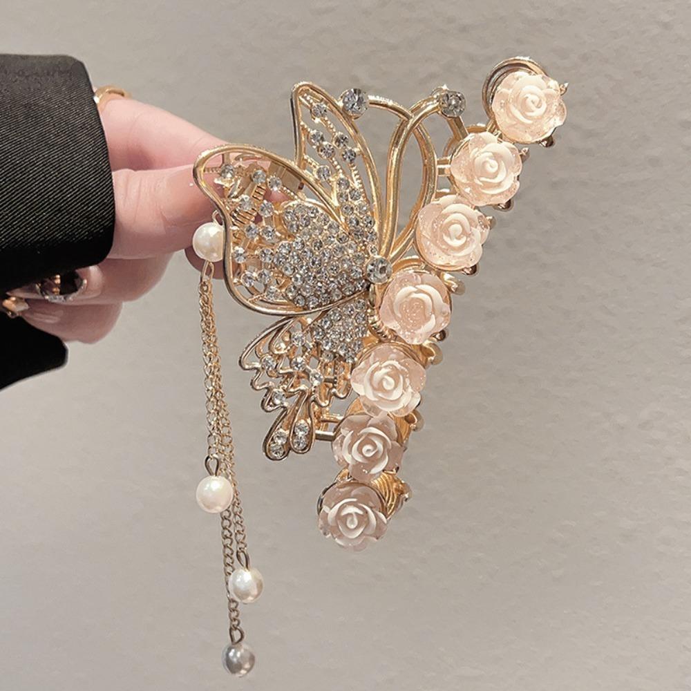Elegant Retro Butterfly Rose Hair Claw Clip Rhinestone Frosted Flower Detail Tassel Pearl Pendant Women's Stylish Hair Accessory