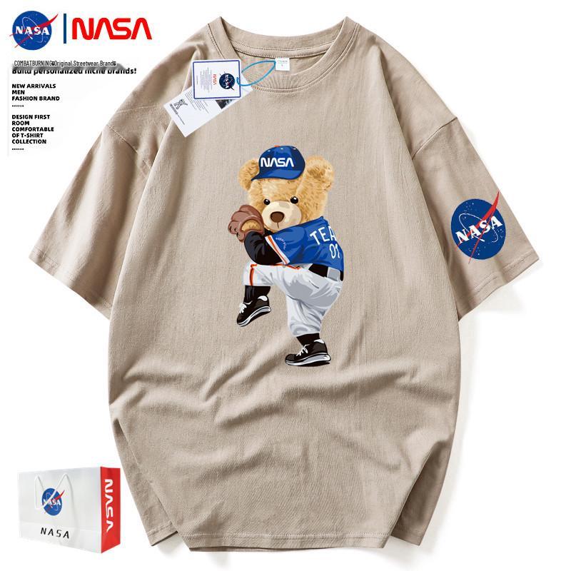 Men's NASA Co-branded Bear Print Crew Neck Cotton T-Shirt - Short Sleeve, Casual Streetwear, Plus Size Available