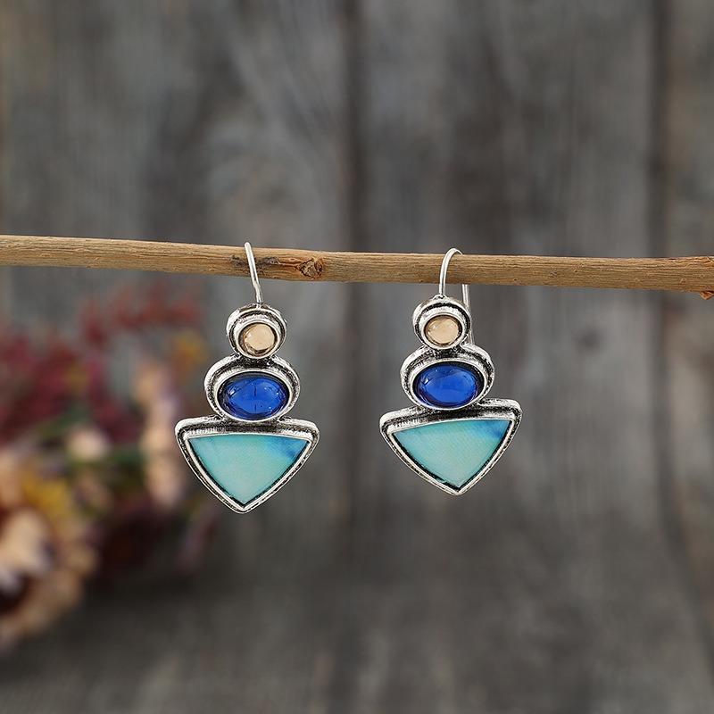 Этнические серьги серебристого цвета с геометрическими треугольниками и кругами, с шампанско-голубым камнем, винтажный пастовый узор, серьги-подвески для женщин