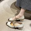 Color Matching Mary Jane Shoes Women's Xiaoxiangfeng Leather Shoes High Heels Single Shoes Women's 2025 New Golden Square Head 4cm Spring and Autumn