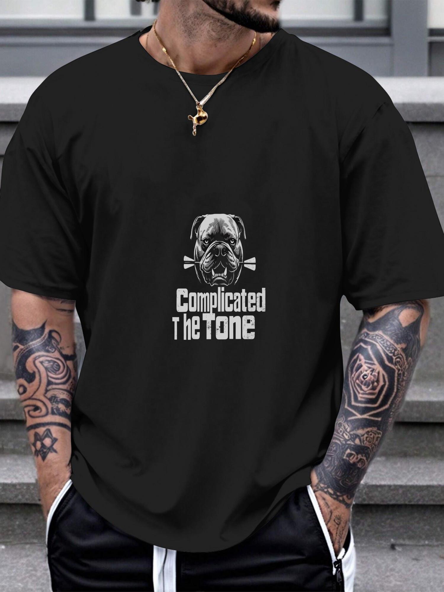 1pc Bold Grunge Pitbull Graphic T-shirt - 180g Cotton Crew Neck Short Sleeve Tee with Complicated Text & Geometric Design S